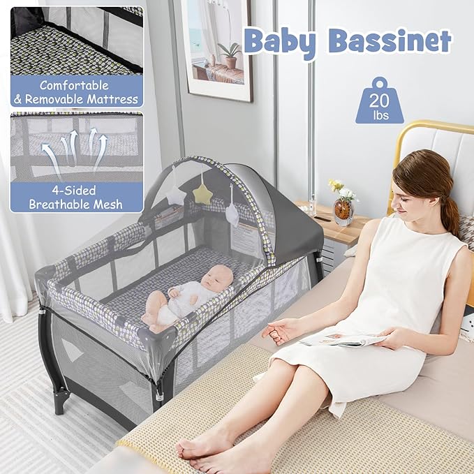 HONEY JOY Pack and Play, 4-in-1 Foldable Nursery Center with Full-Size Infant Bassinet & Diaper Changer, Portable Toddler Crib w/Mattress & Net, Music Box, Toys, Baby Playard w/Carry Bag, Gray
