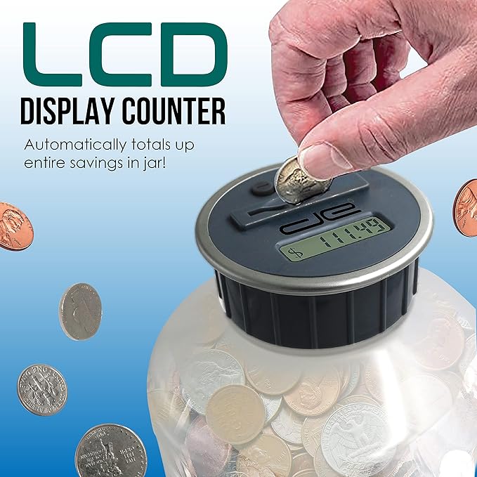 Jumbo Digital Coin Counter Bank - Extra Large Savings Jar for Pennies Nickles Dimes Quarters Half Dollar and Dollar Coins | Clear Jar w/LCD Display