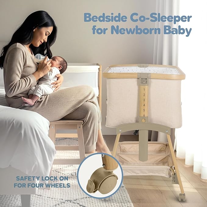 Baby Bassinet Bedside Sleeper, Portable Crib for Newborns, Adjustable 7-Height Auto-Lock, with Wheels, Soft Mattress & Breathable Mesh (Beige)