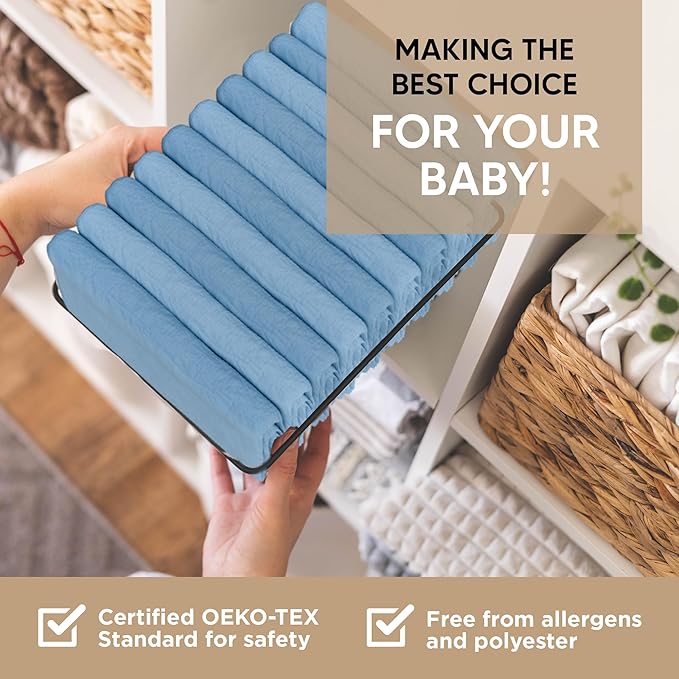 Bassinet Fitted Sheets - Compatible with SNOO Happiest Baby Oval Bassinet | 100% Organic Muslin Cotton - Light Blue + Dark Blue | 30x16 (2 Pack)