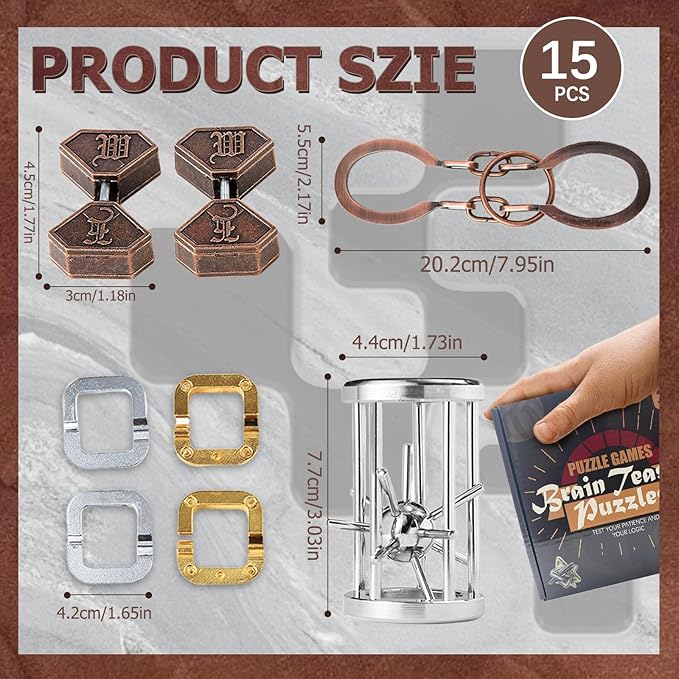 15 Pcs Brain Teaser Metal Wire Puzzles, Mind IQ Test Unlock Toy, Interlock Challenge Puzzle Game Educational Toy Gift for Boys Girls Teens Adults, #A