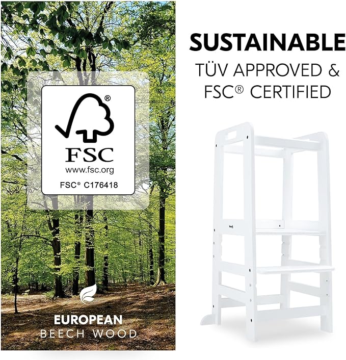 Hauck Learn N Explore Montessori Toddler Tower, Adjustable Wooden Kitchen & Bathroom Step Stool Helper for Home Use with Kids Ages 1+, White