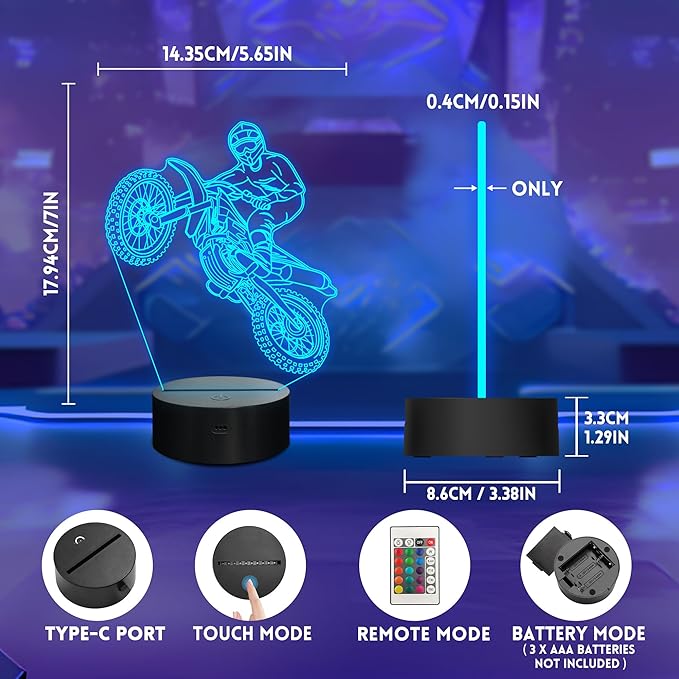 Dirt Bike 3D Night Light, LED Illusion Optical Lamp With16 Colors Changes & Remote Control & Timer, Motorcycle Room Decor, Birthday Christmas Gifts for Boys Girls Kids Men