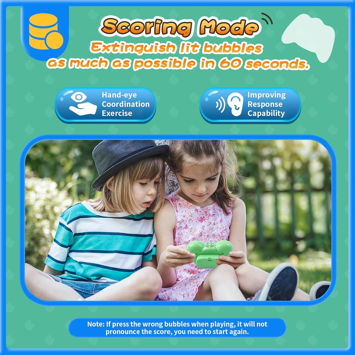 Fast Push Bubble Game, Light-up Pop Game Fidget Toys for Kids and Adults, Electronic Handheld Games, Stress Relief Toys for 6 7 8 9 Year Old Boys & Girls (Green)