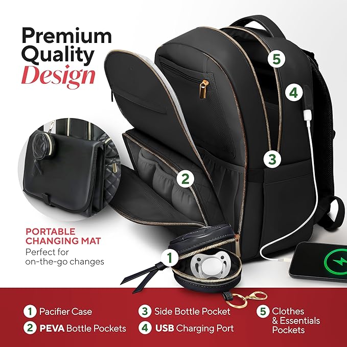 Award-Winning 3-SET Premium Leather Diaper Bag Backpack – Stylish, Durable, Waterproof Vegan Leather with PEVA Changing Pad & Baby Headrest, Travel-Friendly, Organized for Busy Parents
