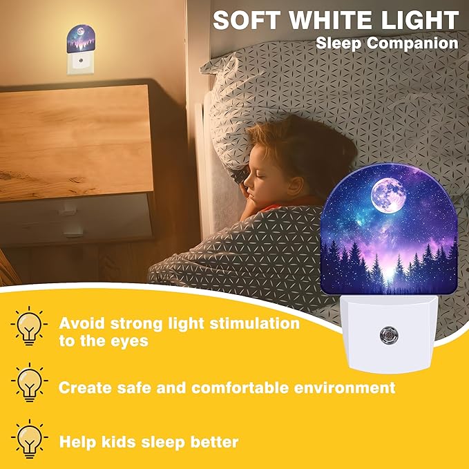 Moon Galaxy Star Night Light, Starry Sky and Forest Night Lights Plug into Wall Dusk to Dawn Sensor Round Nightlight for Women Men Energy Efficient Led Lamp 0.5W for Stairway Hallway Bedroom