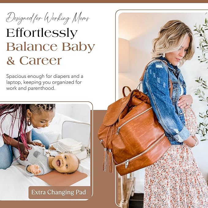 Citi Collective Journey Vintage Tan Vegan Leather Diaper Bag Backpack | Elegant, Multifunctional, Travel Diaper Bag with Stroller Straps & Insulated Bottle Pockets