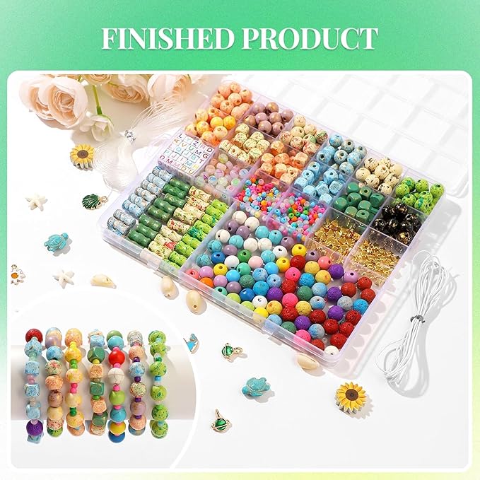 RACIOCK 710Pcs Bracelet Making Kit for Teens Adults with Wooden Beads, Lava Rocks, Letter Beads, Ocean & Alloy Pendants, Boho Style Friendship Bracelets, Necklace, Earring DIY Craft Supplies Making