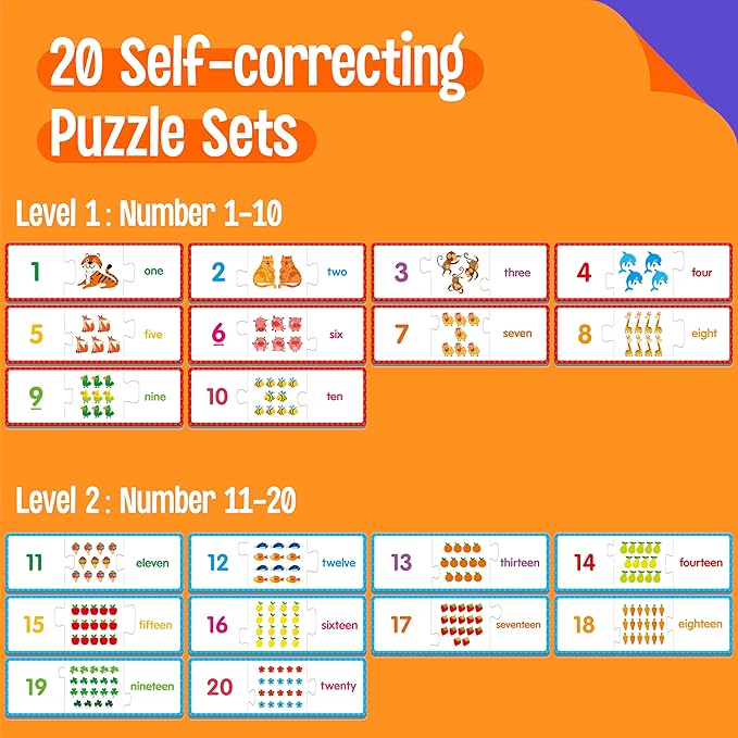 1-20 Number Puzzles, 20 Self-Correcting Matching Puzzle Set, Educational Counting Game Math Numbers Learning Toys for Toddlers, Preschool, Kids Aged 3-5