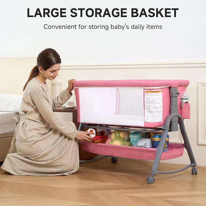 Real Relax Baby Bassinet Bedside Sleeper, 3 in 1 Bedside Crib with 6 Adjustable Height and Mosquito Nets, Portable Bedside Bassinet for Baby with Wheels, Easy to Fold, Included Mattress, Pink