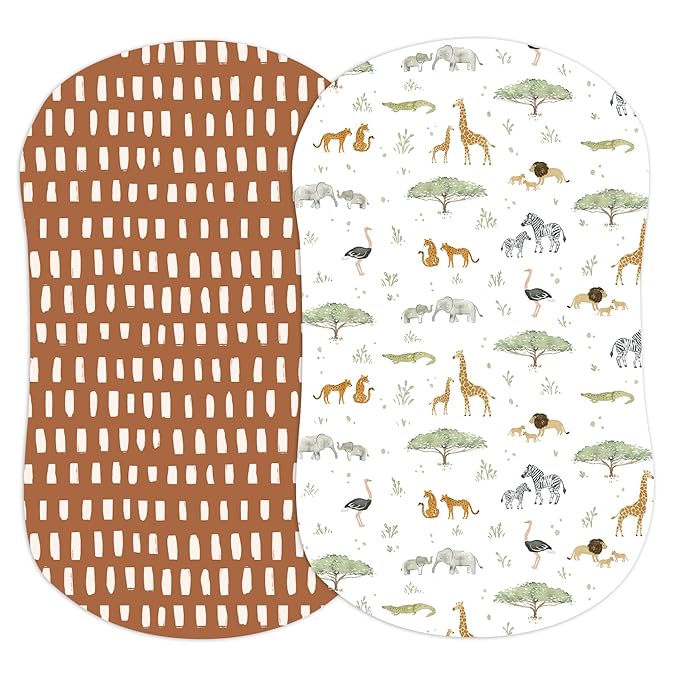 Baby Bassinet Sheets for Boy, Girl (Safari Adventures) 2-Pack - Fitted Bedside Bassinet Sheets - Buttery Soft Cotton Blend for Standard Mattress Pad - Compatible with Halo BassiNest