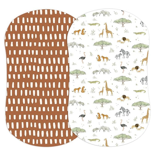 Baby Bassinet Sheets for Boy, Girl (Safari Adventures) 2-Pack - Fitted Bedside Bassinet Sheets - Buttery Soft Cotton Blend for Standard Mattress Pad - Compatible with Halo BassiNest