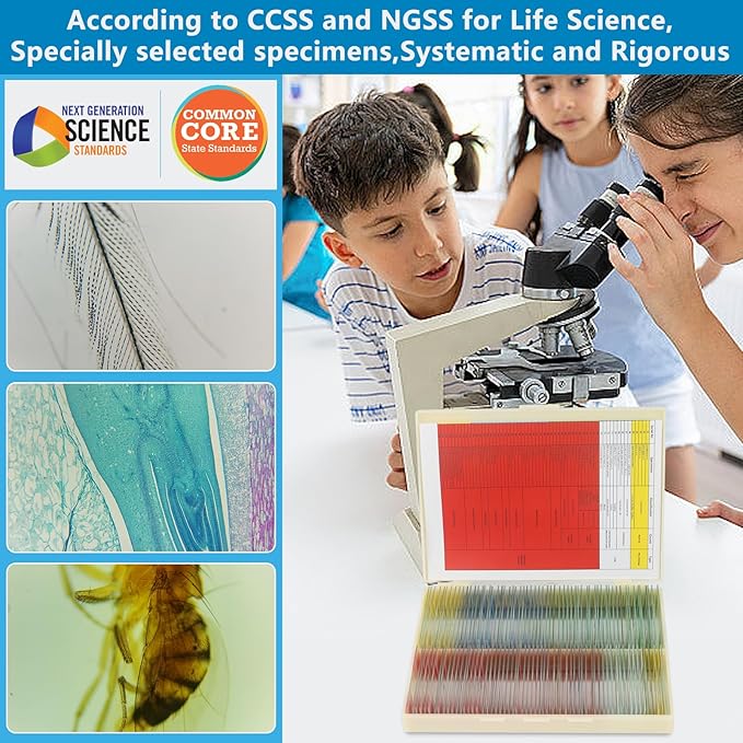 120 Microscope Slides with Specimens Set, Lab-Grade Prepared Microscope Slides for Kids Adults, Animal/Plant/Microbe/Tissue/Cells, STEM Biology Kit for Homeschool, Classroom Labs & Science Education