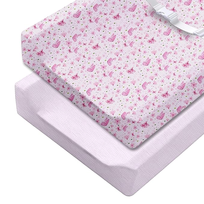 100% Muslin Changing Pad Cover Ultra Soft, Breathable, Secure Fit, Fade-Resistant Prints for Boys and Girls (Pack 2)