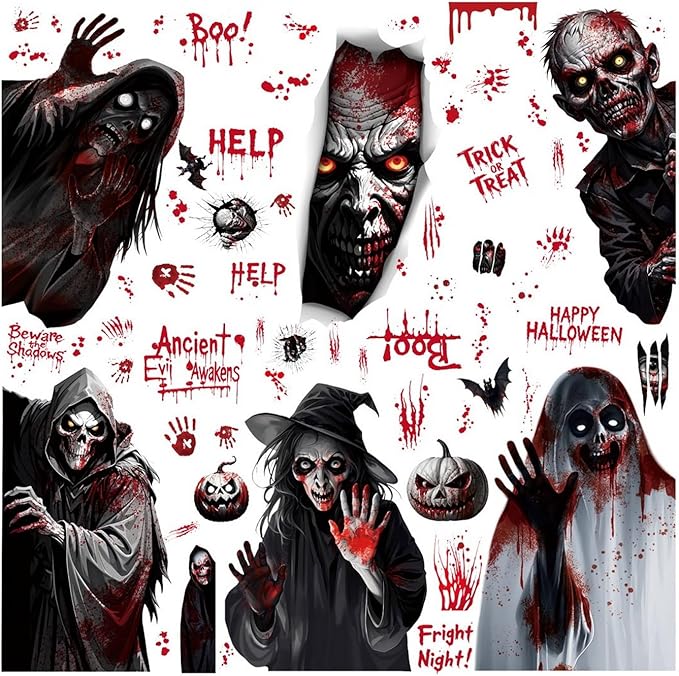 Halloween Window Clings Stickers for Glass Halloween Decals Decorations Scary Ghost Skull Pumpkin Window Sticker with Bloody Handprint Bat Designs for Spooky Party DIY Decor Supplies
