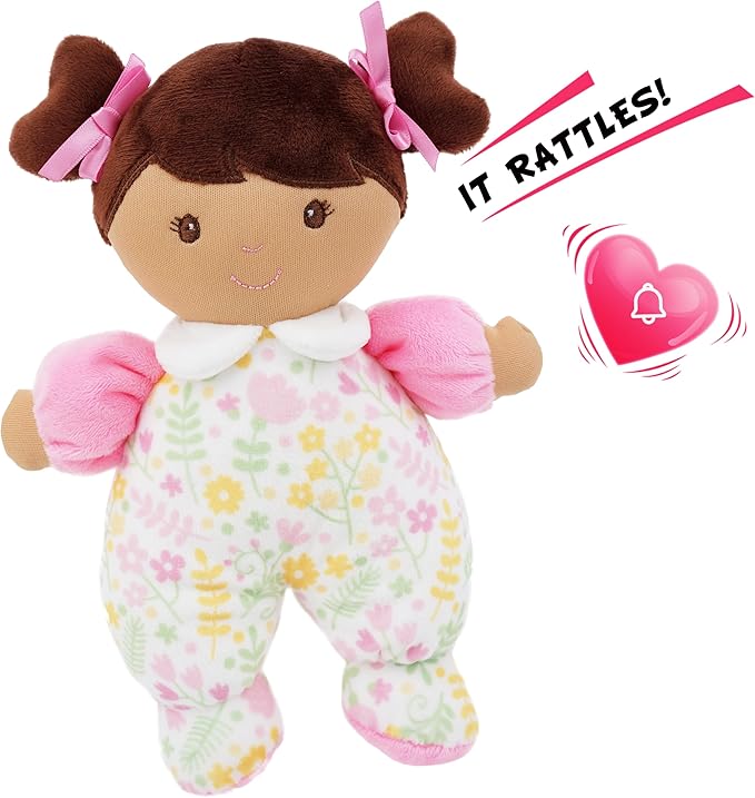 June Garden 9" My First Doll Zuri - Soft Plush Baby Doll - Pink Floral Outfit