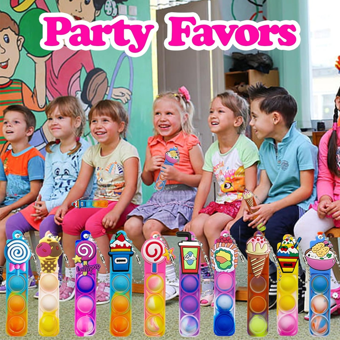 26 Pcs Mini Keychain Pop Fidget Toys for Kids, Birthday Party Favors for 3-5, 4-8, 8-12, Bulk Sensory Toys for Classroom Prizes, Party Supplies for Pinata Stuffers, Carnival Prizes (Snack)
