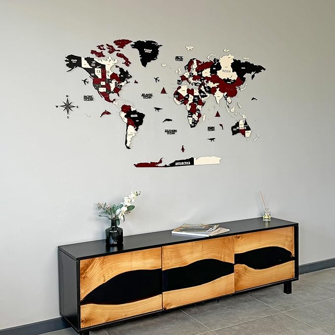 Colorfull Worlds 3D Wooden World Map Wall Art | Unique Wall Decor with Pins for Travel Enthusiasts | Home and Office Wall Décor | Burgundy | Medium