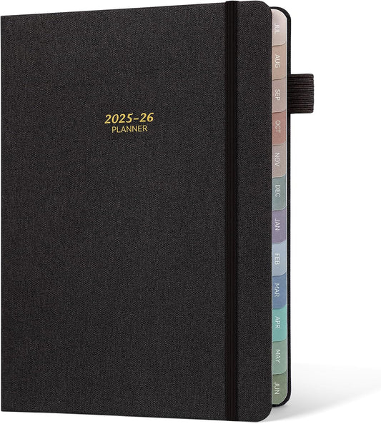 Getink 2025-2026 Linen cover Planner Weekly & Monthly Daily Agenda Book,2025-2026 To Do List Notebook with Colorful Monthly Tabs, Inner Pocket, Elastic Closure (Black,5.5 * 8.5)