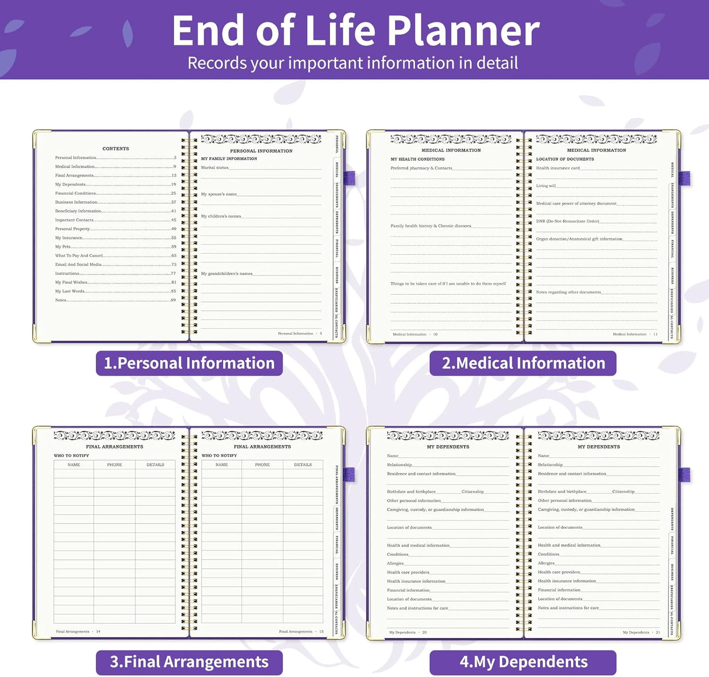 End of Life Planner, Spiral Estate Planning Organizer with Tabs for Senior, I'm Dead Now What Planner for Final Arrangements & Important Affairs with Large Print, 7.9"x10.4", Purple