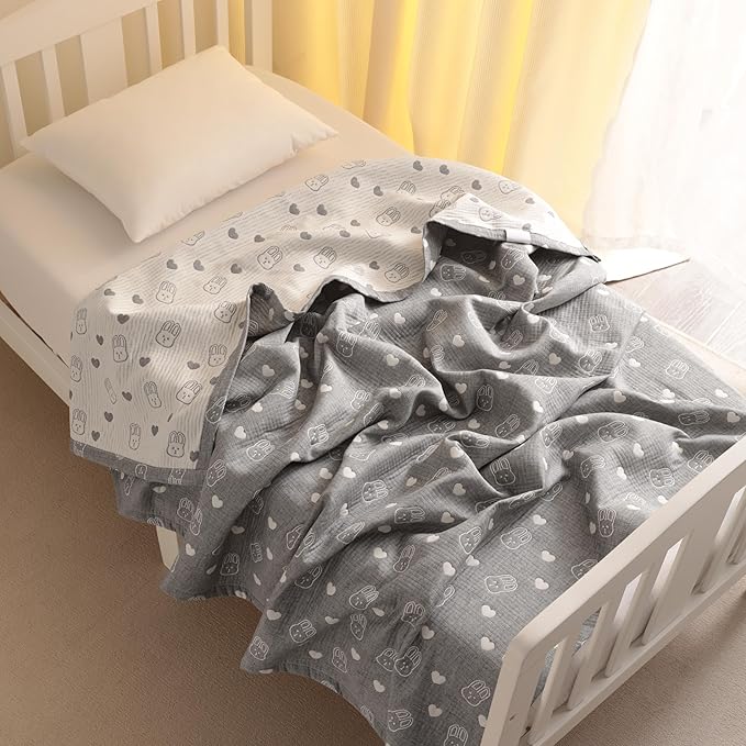 NTBAY 3 Layer Oversized Muslin Cotton Toddler Blanket, Jacquard Reversible Nursery Bed Blanket, Super Soft and Thermal for All Seasons, Baby Gift, 45"x60", Dark Grey Rabbit