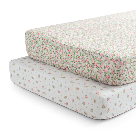 Delta Children Fitted Crib Sheets for Girls and Boys - Crib Sheet for Standard Crib and Toddler Mattresses - 28x52 Inch (Pack of 2), Pink Floral