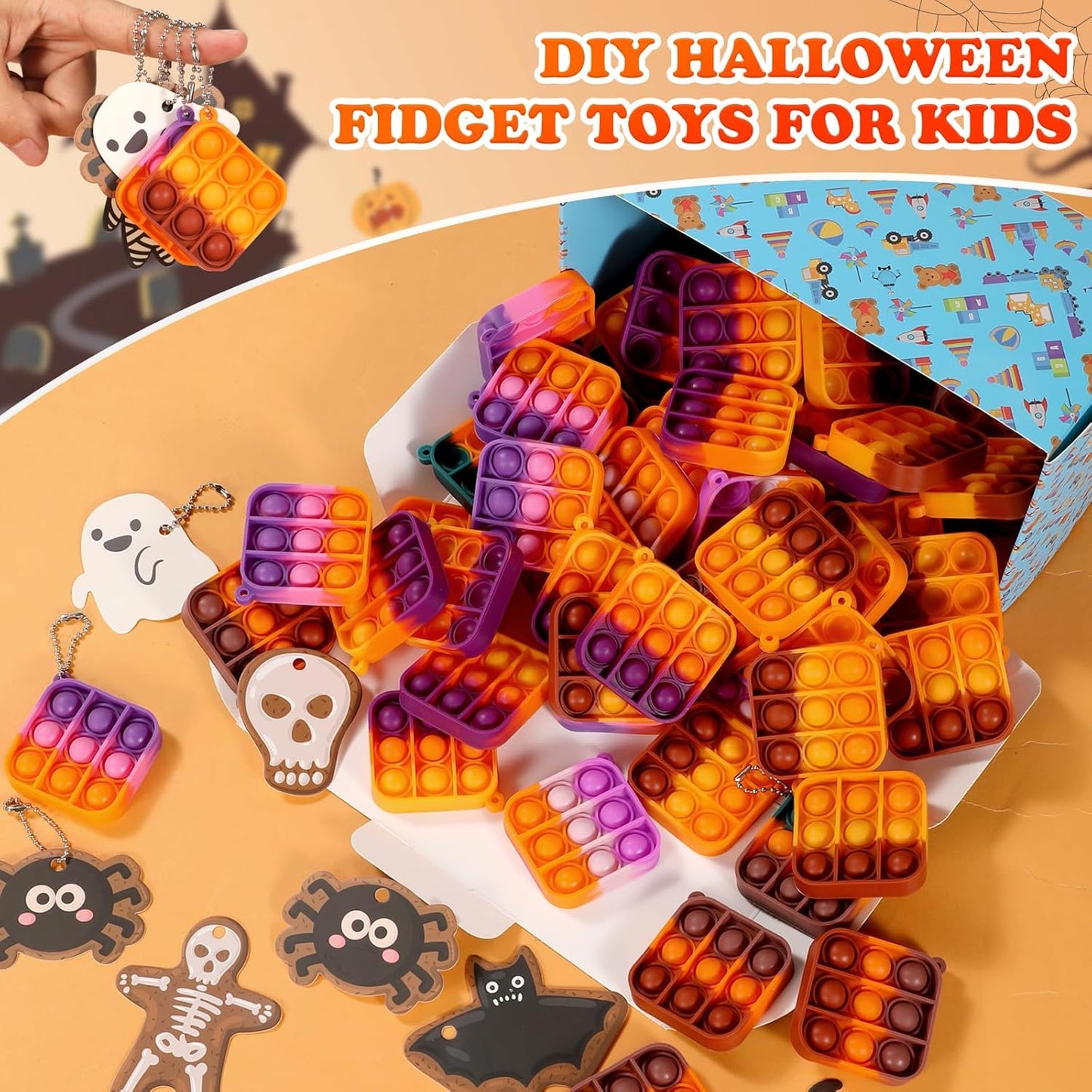 64Pack Halloween Mini Pop Fidget Toys Pack with Cartoon letter Party Favors, Silicone Squeeze Pop Bubble Fidget Bulk Sensory Toys, Pop Keychain Bubble Toy Party Bag Fillers for Kids, Wrap Pop Toy