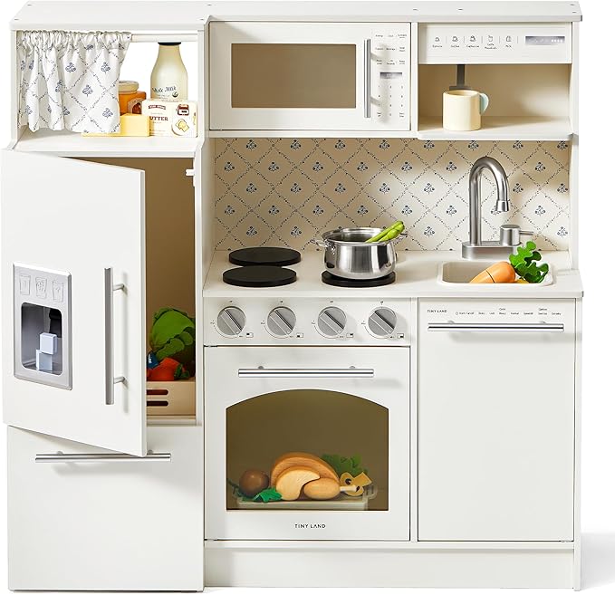 Tiny Land Play Kitchen for Kids, Upgraded Wooden Kitchen Toy with Complete Play Areas, Pretend Cooking Set with Sink, Stove, Microwave, Toy Coffee Station & Storage for Kids Ages 3+