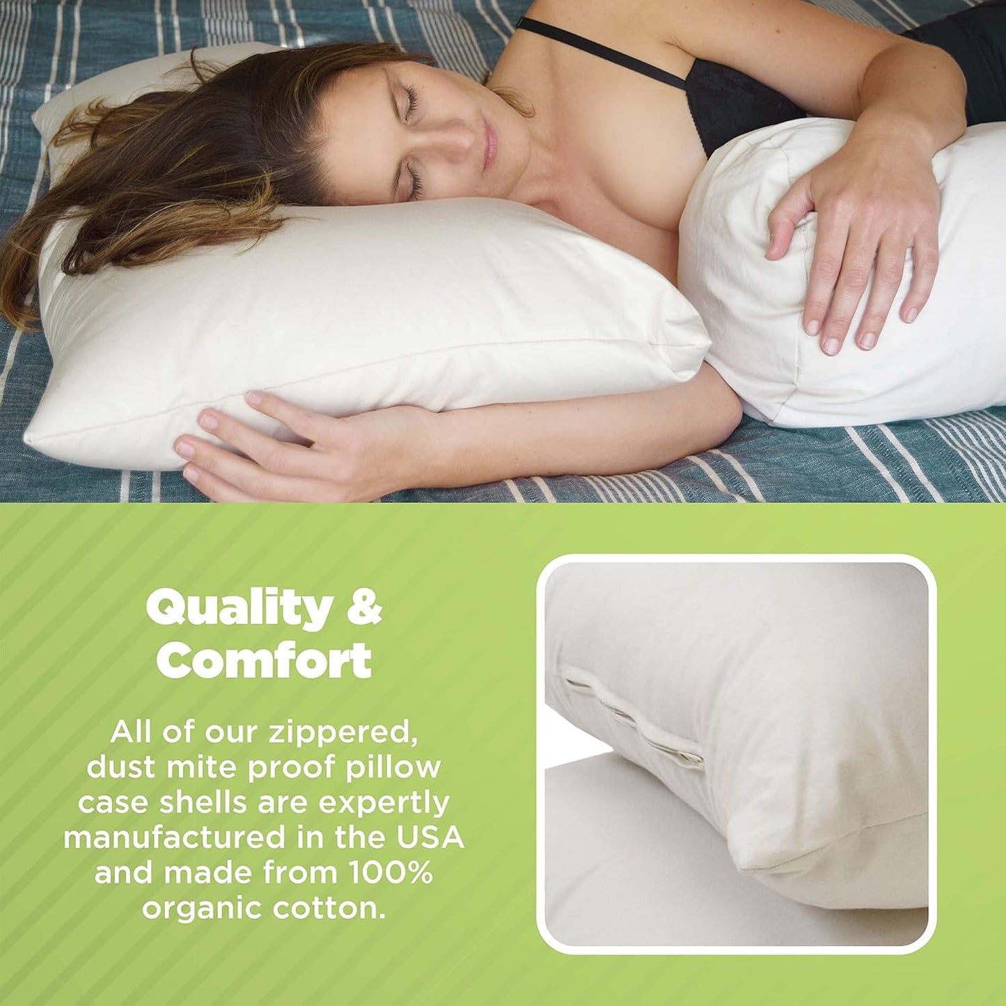 Bean Products Queen Organic Kapok Pillow + Natural Org Case - 20" x 30" - Organic Cotton Zippered Shell - Made in USA