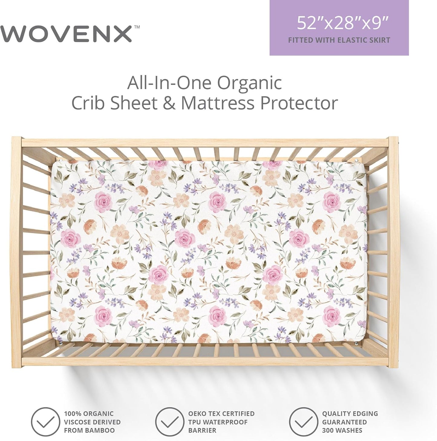 Organic All in One Crib Sheet and Mattress Protector - Waterproof Protectors - Reusable Washable – Fits Cribs – 52”x28”- with 9” Skirt Flower