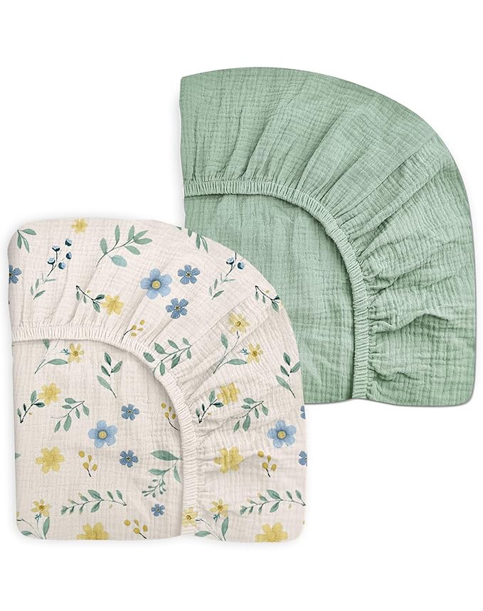 Mini Crib Sheets for Baby Boy Girl 2 Pack, Neutral Mini Crib Mattress Sheet 24" x 38", Muslin Nursery Bedding Soft and Breathable Comfort (Spring Garden & Sage)