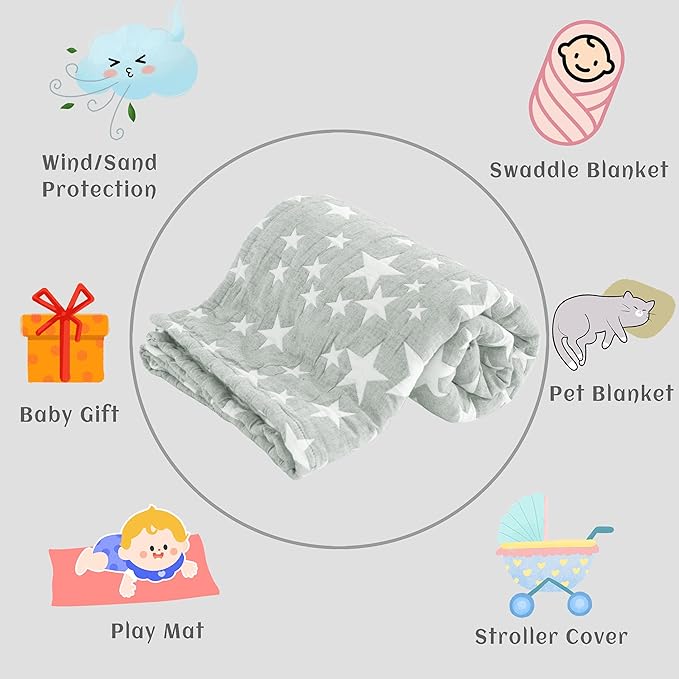 NTBAY 3 Layer Oversized Muslin Cotton Toddler Blanket, 45x60 Inches Jacquard Reversible Nursery Bed Blanket, Super Soft and Thermal Crib Blanket for All Seasons, Baby Gift, 45"x60", Grey/White Star