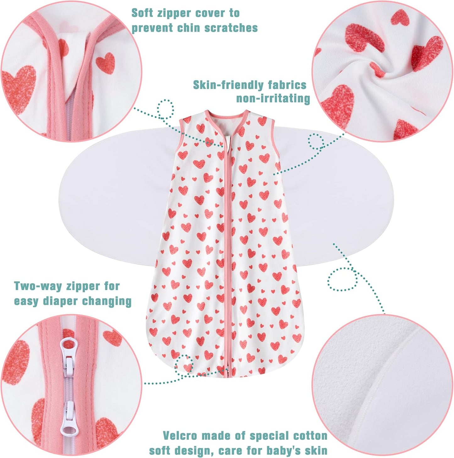 Newborn Sleep Sack Baby Swaddle,6-12 Months,3-Way Adjustable Wearable Blanket,100% Rayon Cotton Swaddling Sleeping Bag，TOG 0.5（Heart&Floral）