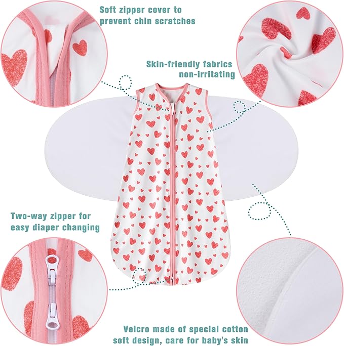 Newborn Sleep Sack Baby Swaddle,6-12 Months,3-Way Adjustable Wearable Blanket,100% Rayon Cotton Swaddling Sleeping Bag，TOG 0.5（Heart&Floral）