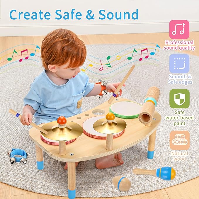 WINYGZ Toddler Drum Set – 11 in 1 Kids Musical Instruments with Resonant Drums, Cymbals, Maracas, Wrist Bells & More, Wooden Montessori Music Table for Ages 1-6