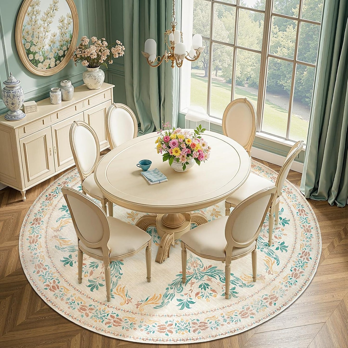 jinchan Round Rug 7ft Area Rugs,Vintage Floral Distressed Design Machine Washable Soft Non-Slip Low-Pile Ultra-Thin Circle Rug for Living Room Dining Room Bedroom Home Office (7' Round,Apricot Multi)