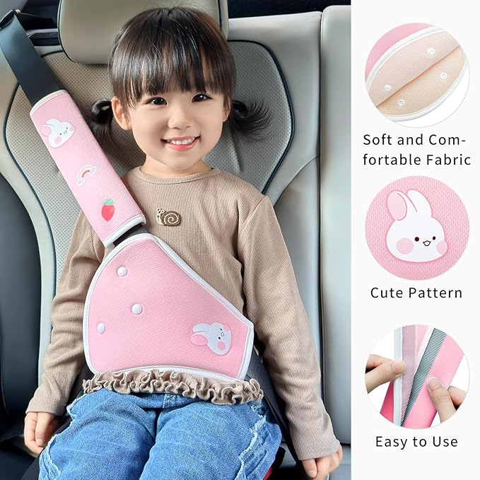 Seat Belt Cover Pad for Kids,Kid's Shoulder & Belly Cushion Protective Padding - Soft Breathable Straps Cushion Cover for Booster Seat, Strollers, and High Chairs(Pink)