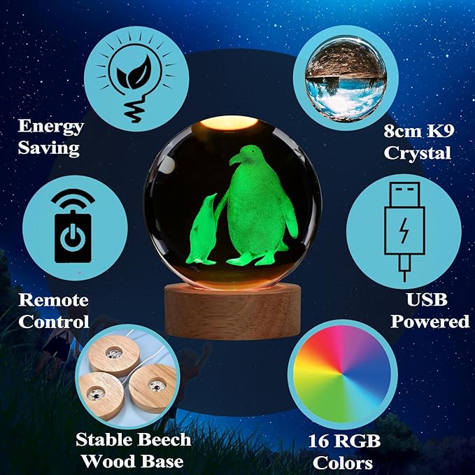 Penguin Night Light, Penguin Gifts, K9 3.15 Inch (80mm) Crystal Ball Night Light with 16 Colors Remote Upgraded Lamp for Birthday Xmas Cool Animal Figurines Gifts for Room Decor Boys Girls