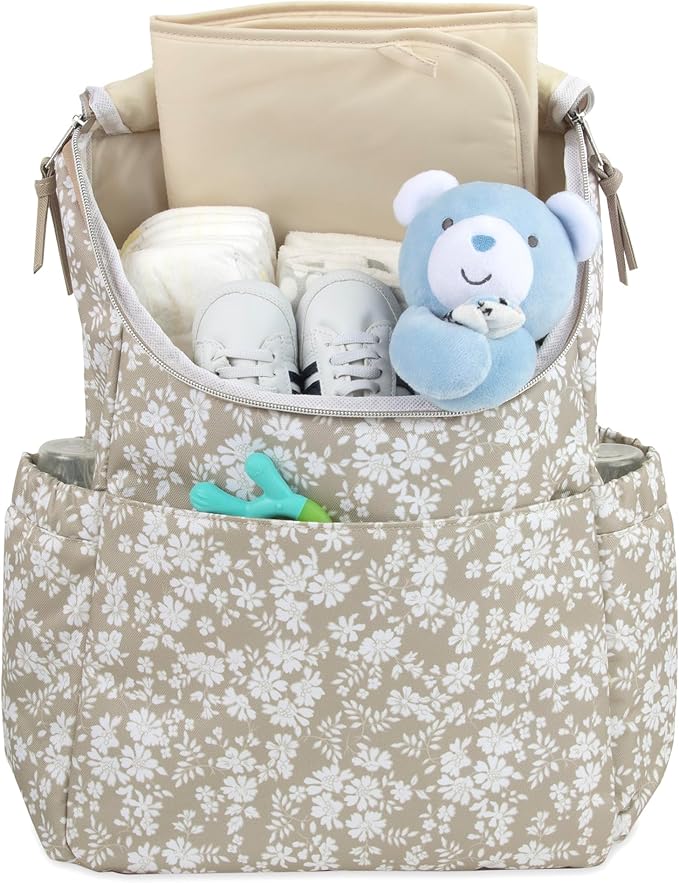 Multi-Function Floral Diaper Backpack and Travel Nappy Baby Bag with Changing Pad and Stroller Straps (Brown Bouquet)
