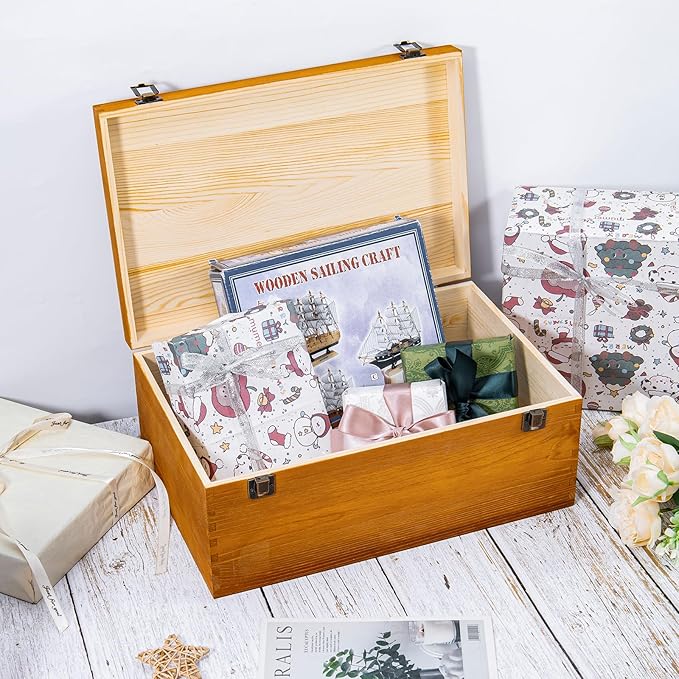 Vintage Wooden Storage Box, 14.14 * 9.43 * 5.89 Inch Small Wooden Box with Hinged Lid for DIY Art Hobby, Wood Keepsake Box Rectangular for Toys Jewelry Crafts Brown