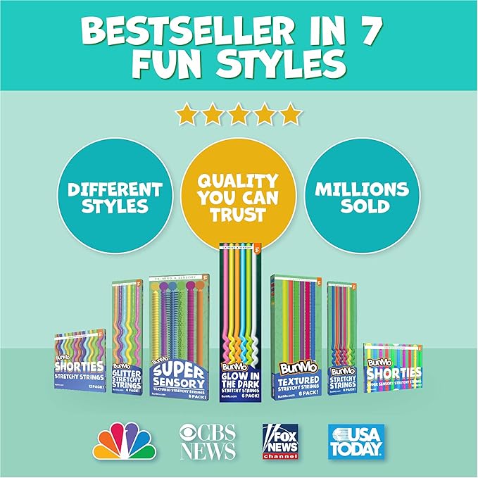 BUNMO Sensory Toys Stretchy Strings for Toddlers 3+ - Stimulating & Addictive Fidget Toys for Kids - Hours of Fun for Kids - Non-Mouthable Toy 3+ - Glow 6 Pack