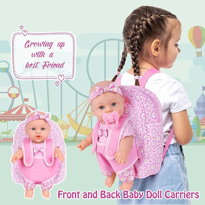 12 Inch Baby Dolls with Backpack Carrier Can Store Doll Clothes and Accessories,12" Reborn Baby Doll Set in Gift Box with Feeding Bottle Nipple Diaper for Kids Toddler Age 3+