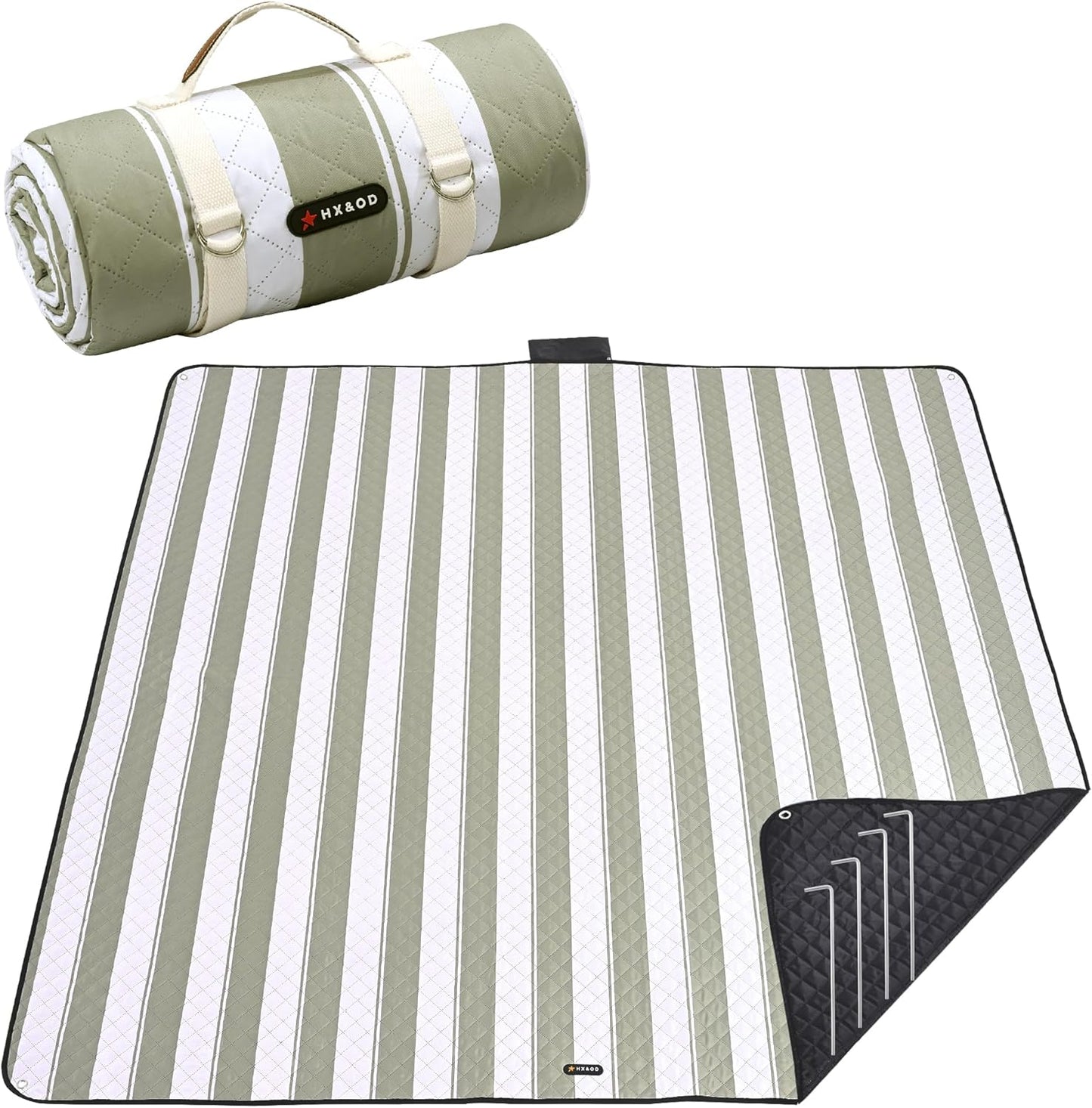 HX&OD Outdoor Picnic Blanket Extra Large, 80''*80' Waterproof Picnic Mat with Stakes Foldable Camping Blanket Portable with Carry Strap for Beach Mat (Green, 80''*80'')