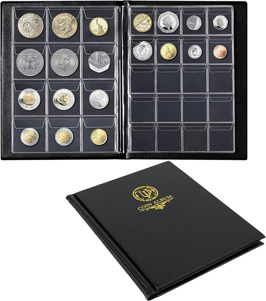 160 Pockets Coin Album - 10 Sheets Mixed Sizes Coin Holder 45x43/33x33 mm Collecting Grid for Pounds Pence Cents (Black) CS48160BK