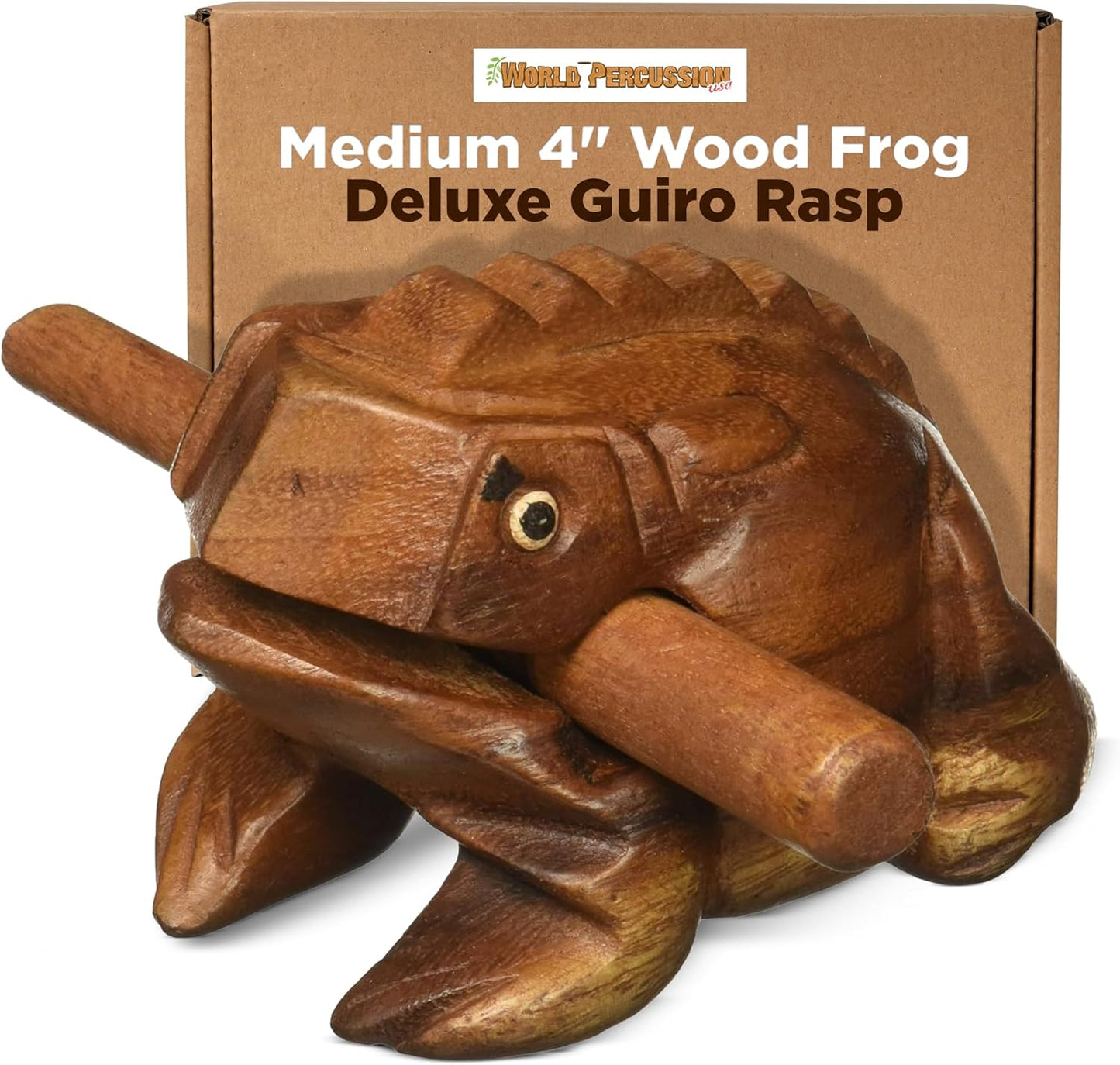 Deluxe Medium 4” Wood Frog Guiro Rasp - Percussion Musical Instrument Tone Block - Wooden Instrument with Stick, Frog Noise Maker by World Percussion USA