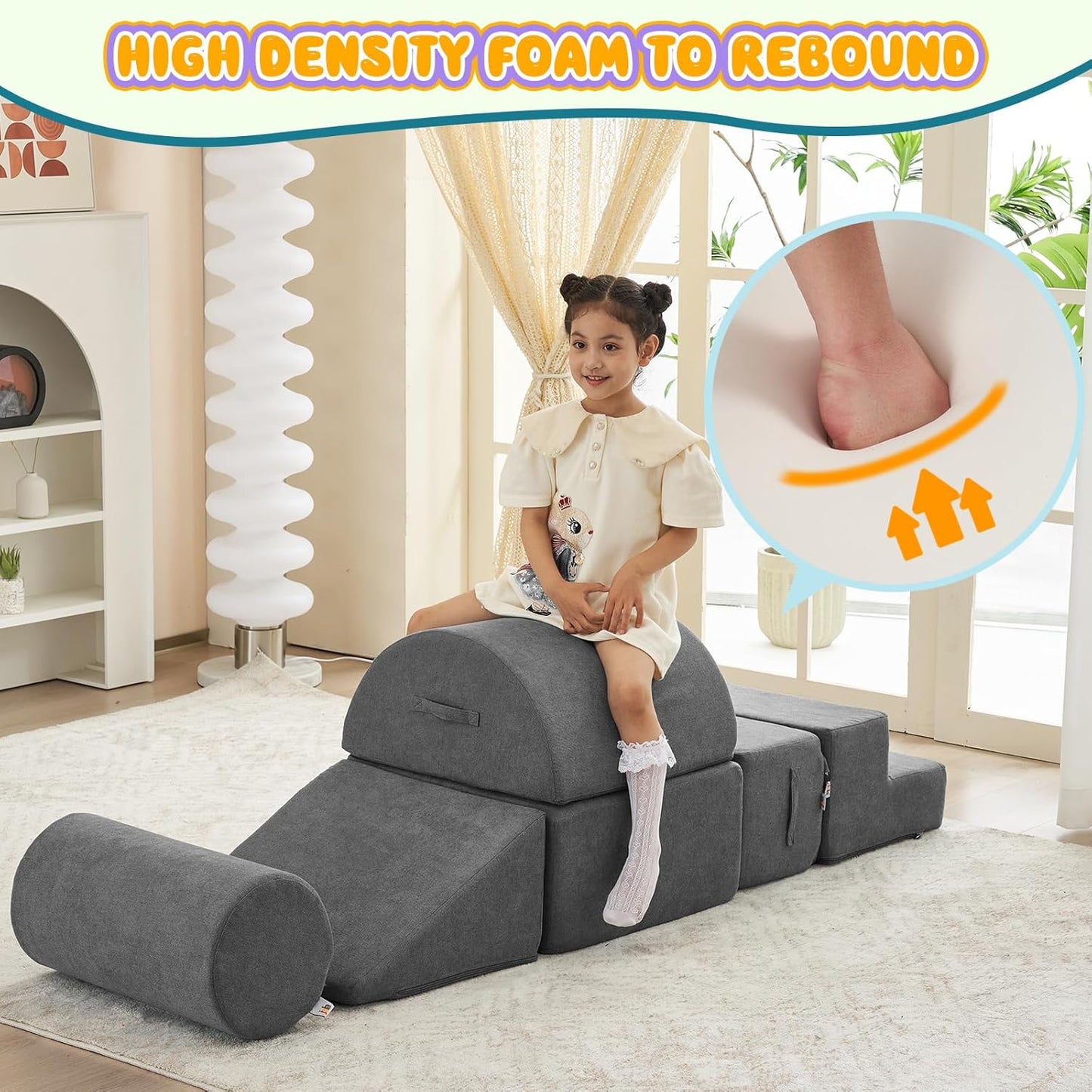 jela Foam Blocks 6Pcs Soft Play Equipment Luxury Miss Fabric, Toddler Climbing Toys Indoor Soft Play Climbing for Toddlers, Lightweight Climbing Blocks for Babies, Kids, Climb and Crawl Foam Playset