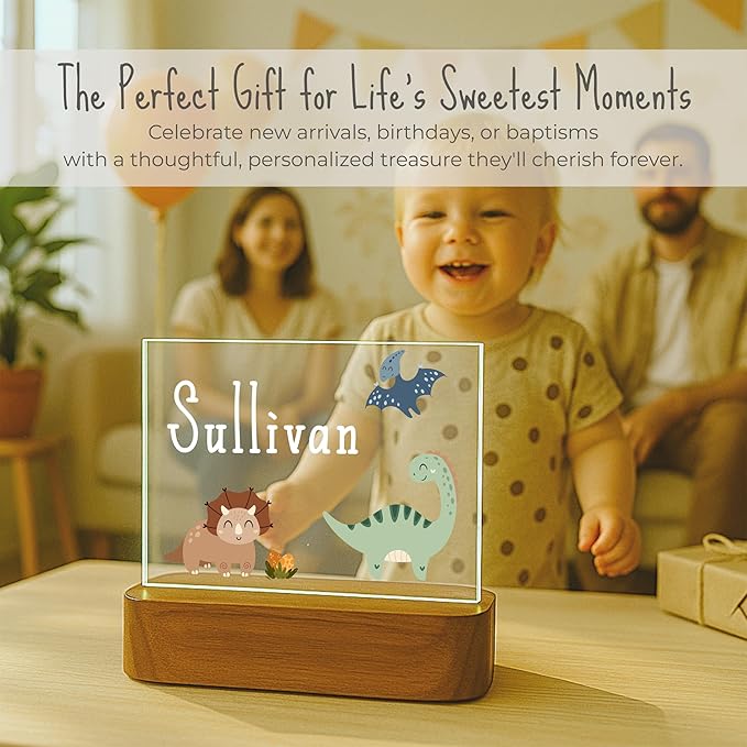 Personalized Dinosaur Baby Night Light for Kids | Custom Name Dino Nursery Decor | Cute 7-Color Plug-in LED Rectangular Nightlight | Custom Baby Shower Gifts for Newborns, Toddlers, Girls, Boys 2-10