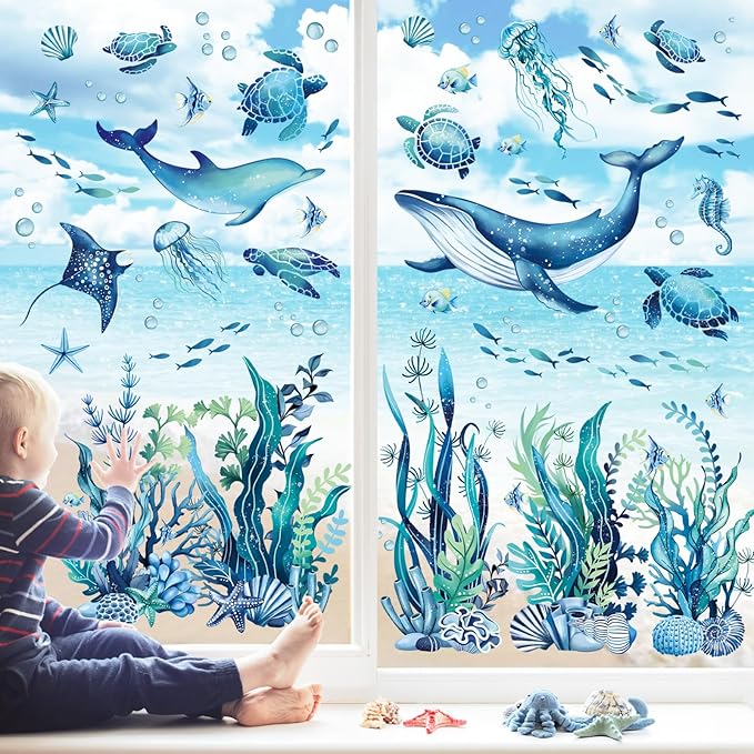 decalmile Under The Sea Marine Animal Double Sided Window Clings Seaweed Sea Animal Whale Turtle Fish Anti-Collision Glass Doors Window Stickers Decals