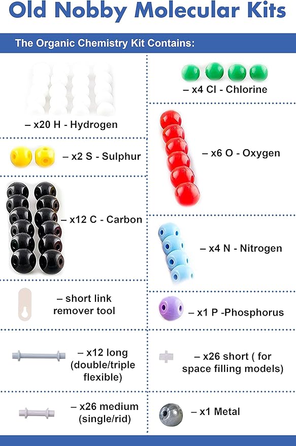 Old Nobby Chemistry Model Kit - 115 Piece Molecular Model Set includes Atoms, Bonds, Instructional Guide - STEM Science Tool for Students, Organic Chemistry, Molecular Learning - Colorful Models