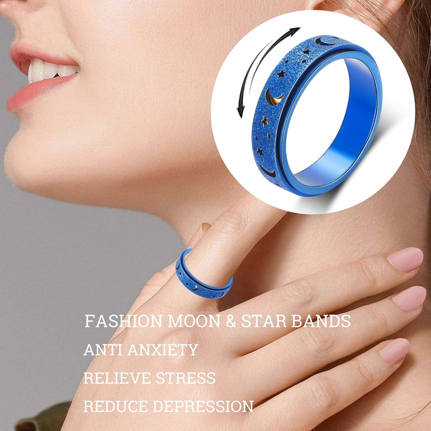 OreilleStar Anxiety Ring for Women Spinner Ring Fidget Toys Adults Stainless Steel Fidget Ring Spinner Rings for Anxiety Fidget Ring for Women Anxiety Fidget Ring Men Moon Star Blue 6